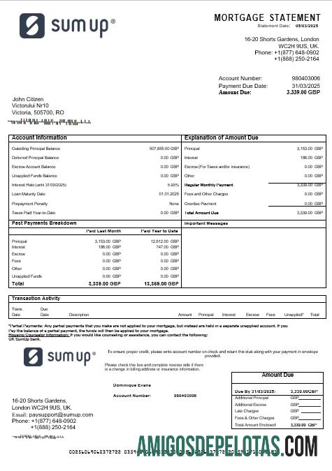 Declaração de hipoteca SumUp do Reino Unido em formatos Word e PDF exemplo real